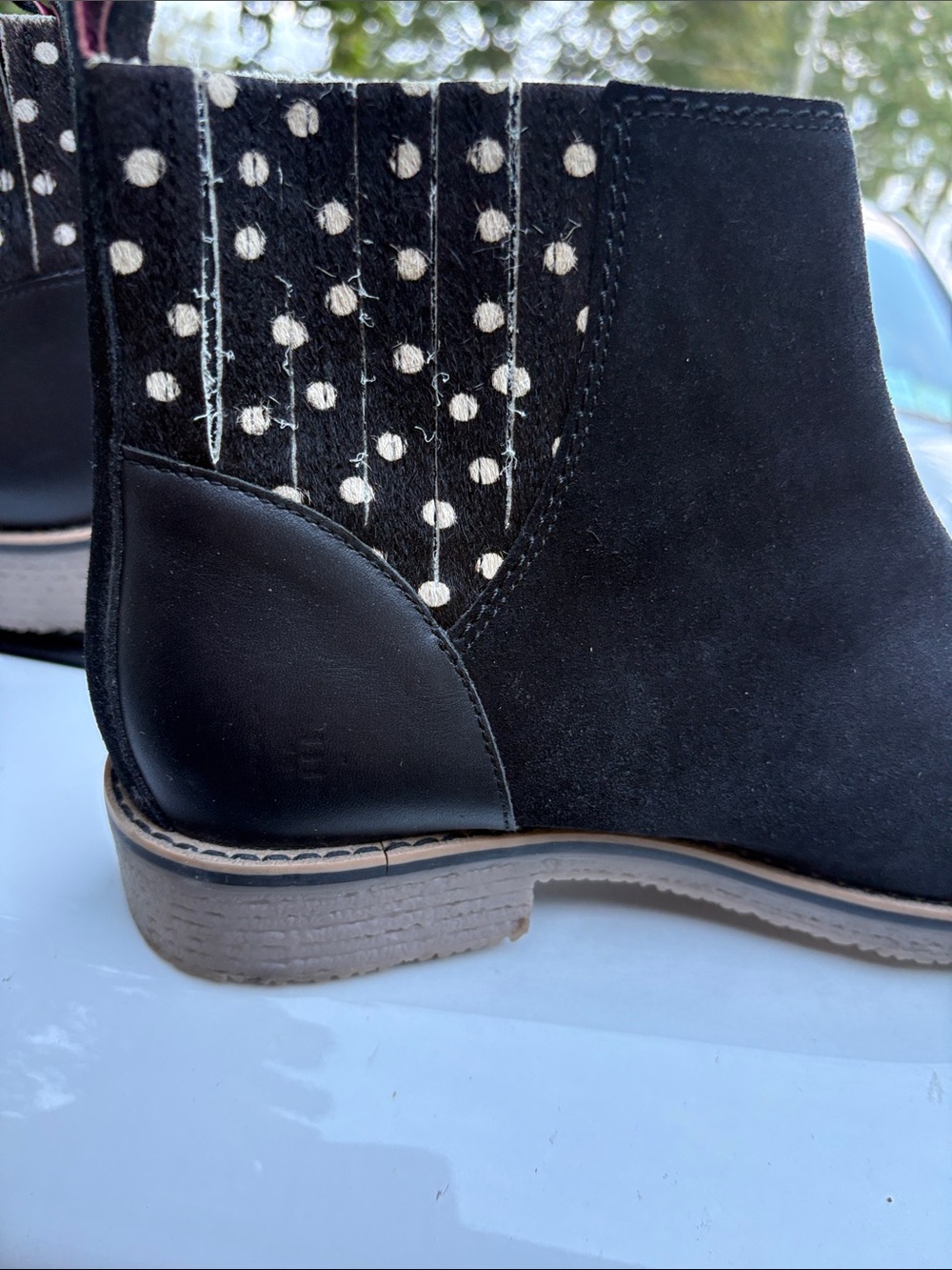 Black Suede Polka Dot Pattern Chelsea Ankle Boots